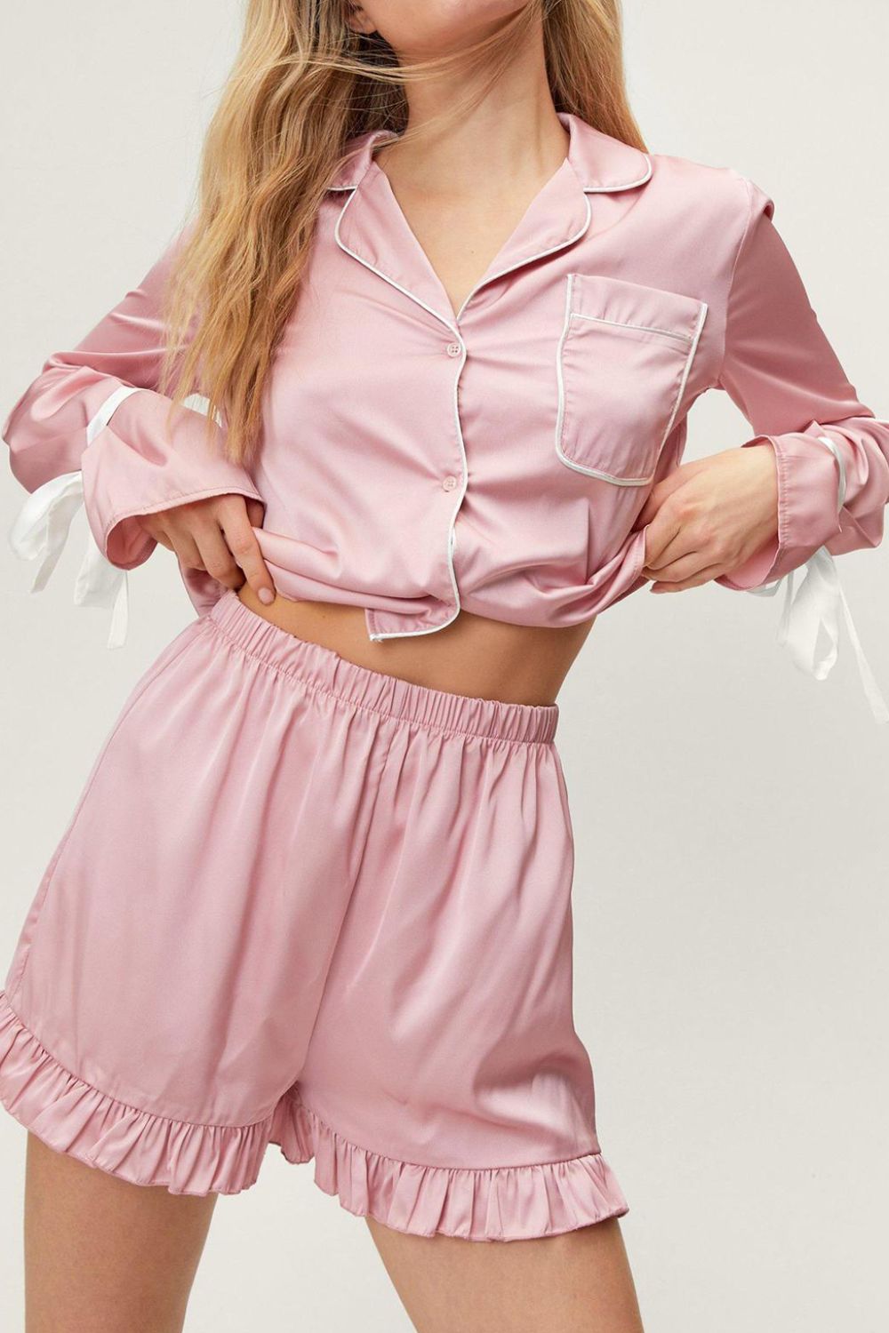 Shopbasicbae Basic Bae Tied Cuff Collared Neck Top and Frill Shorts Lounge Set in Blush Pink view 7 - Set Top