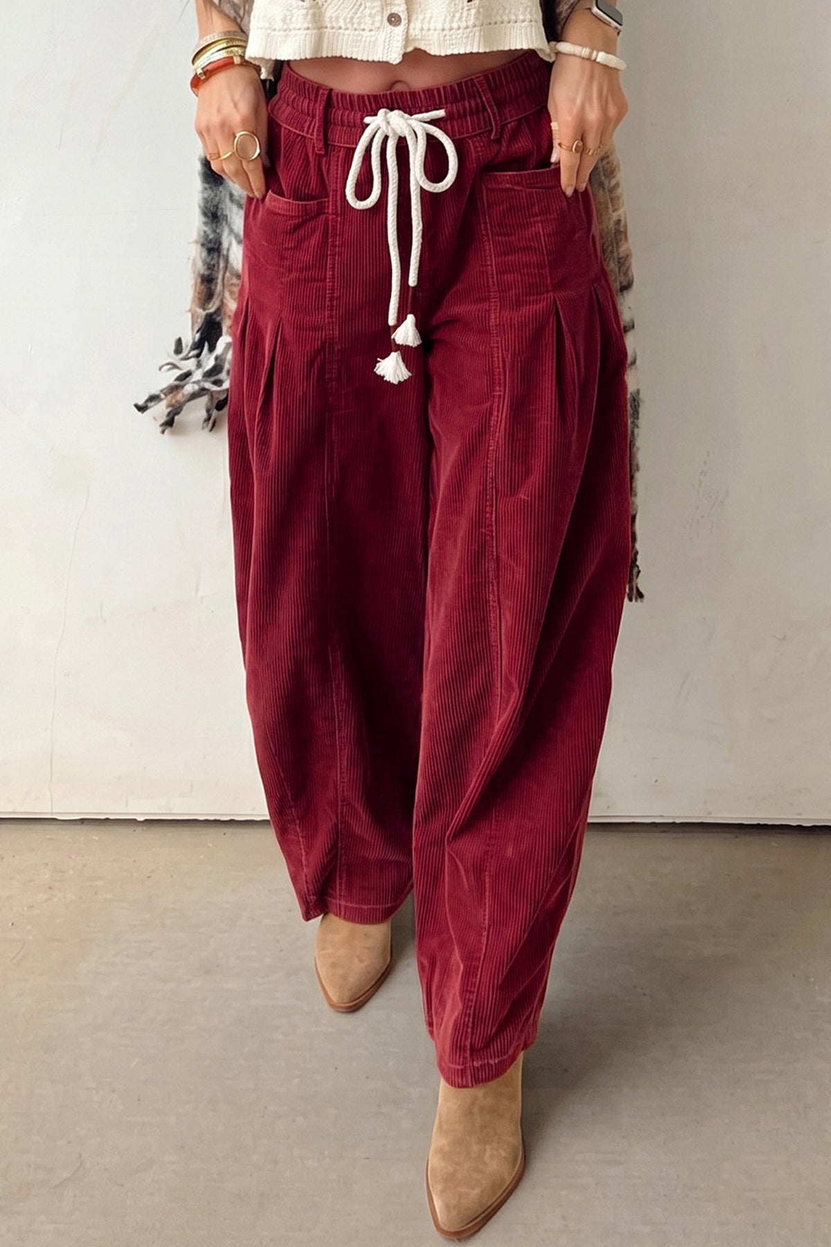 Sienna Drawstring Corduroy Casual Pants in Racing Red view 3 - Sienna Sky Drawstring Pants (bottom)