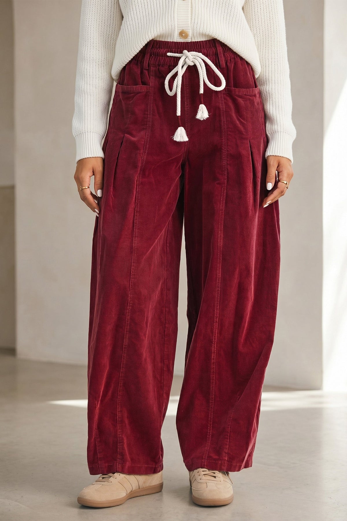 Sienna Drawstring Corduroy Casual Pants in Racing Red view 4 - Sienna Sky Drawstring Pants (bottom)