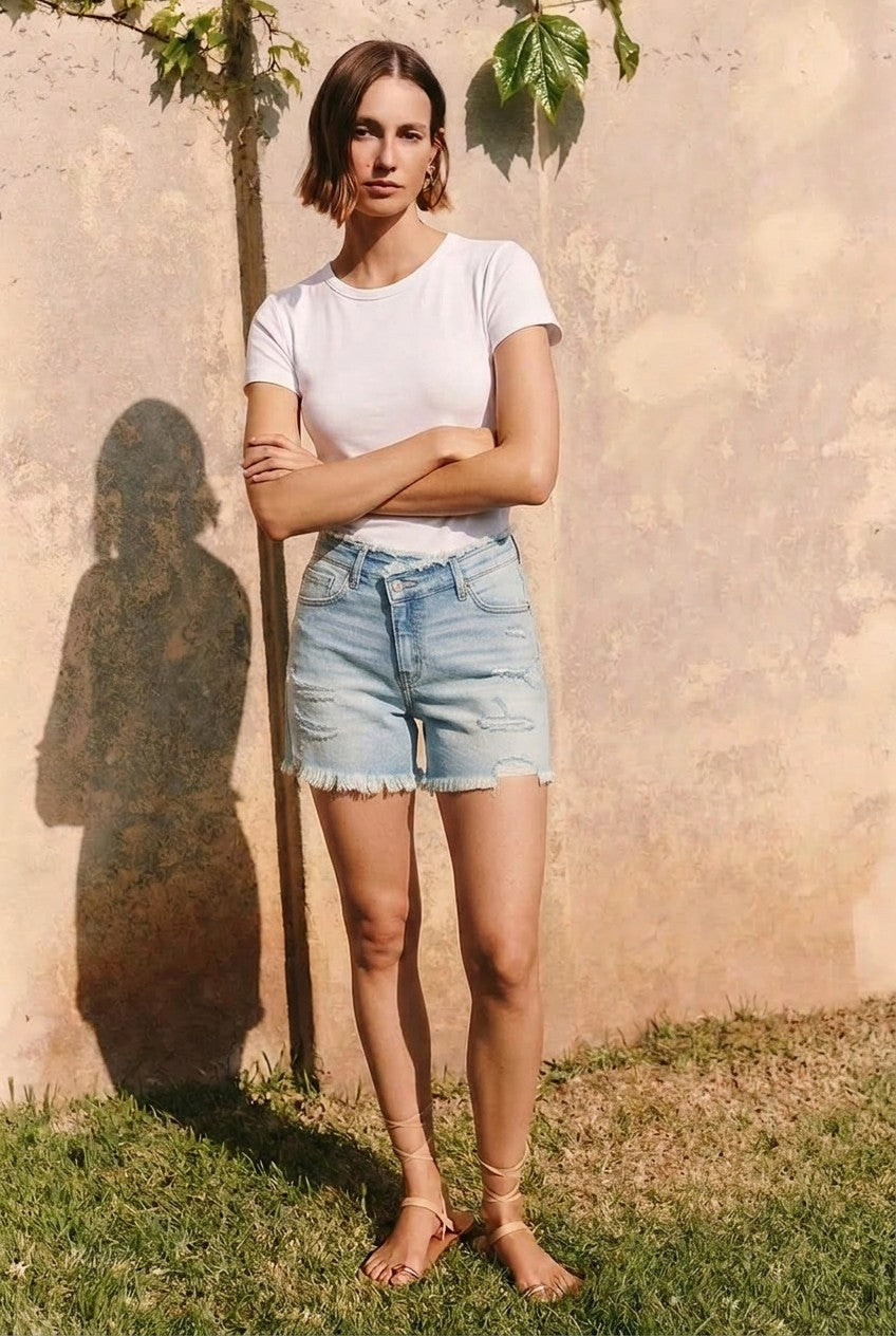 Skye High Rise Crossover Denim Shorts in XS - High-Waisted - Sky High Shorts (bottom)