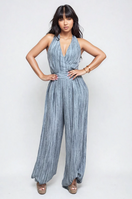 Skyline Pleated Halter Jumpsuit – Slate Blue in M view 2 - Blue Jumpsuit (one-piece)