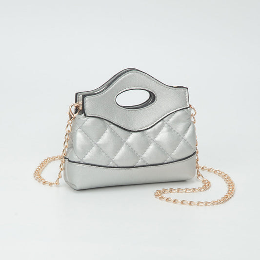 Smooth Faux Leather Mini Quilted Handbag Crossbody Bag in Silver view 2 - Bag Handbag