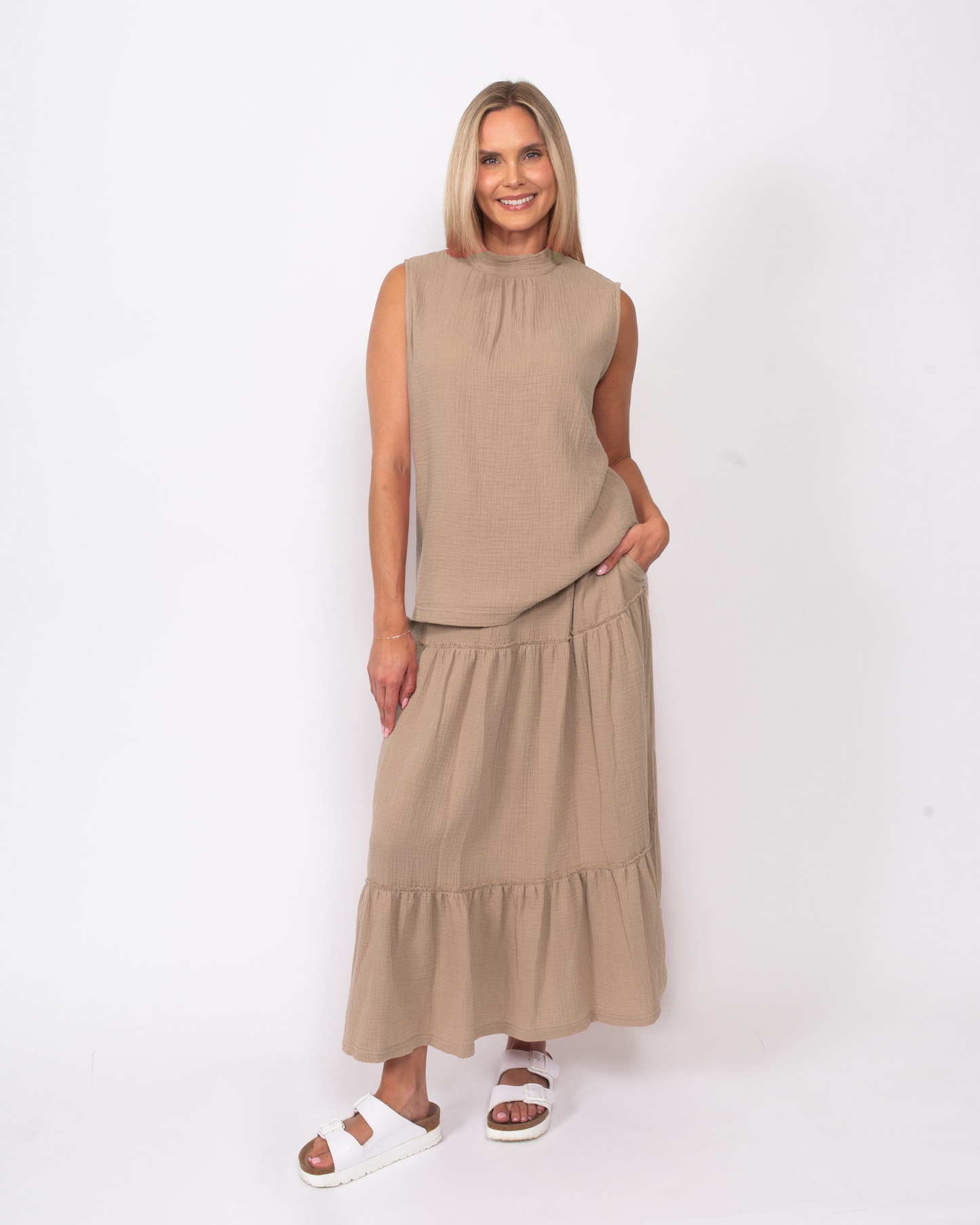 Snoskins Organic Cotton Gauze Tiered Skirt in Washed Coral view 5 - Organic Cotton Skirts Women