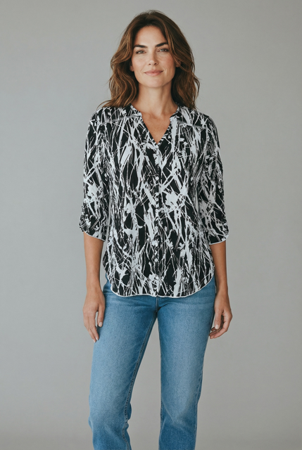 Snoskins Printed Crinkle V-neck Button Shirt in Blush Maze view 12 - Joanna Hope Printed Crinkle Shirt (top)