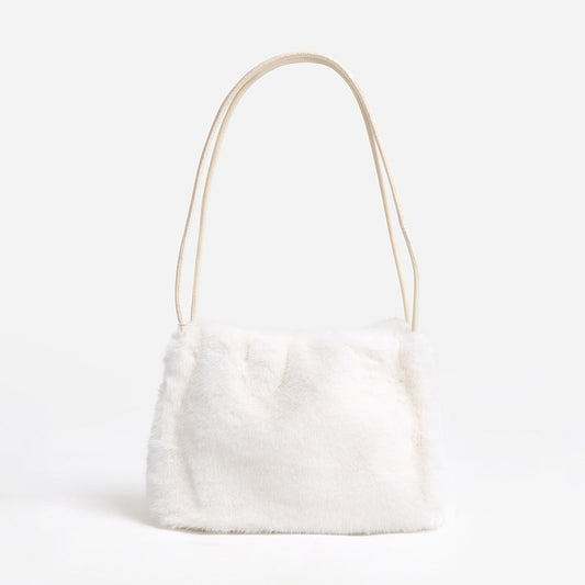 Solid Faux Fur Mini Handbag Shoulder Bag in White view 2 - Bag Handbag
