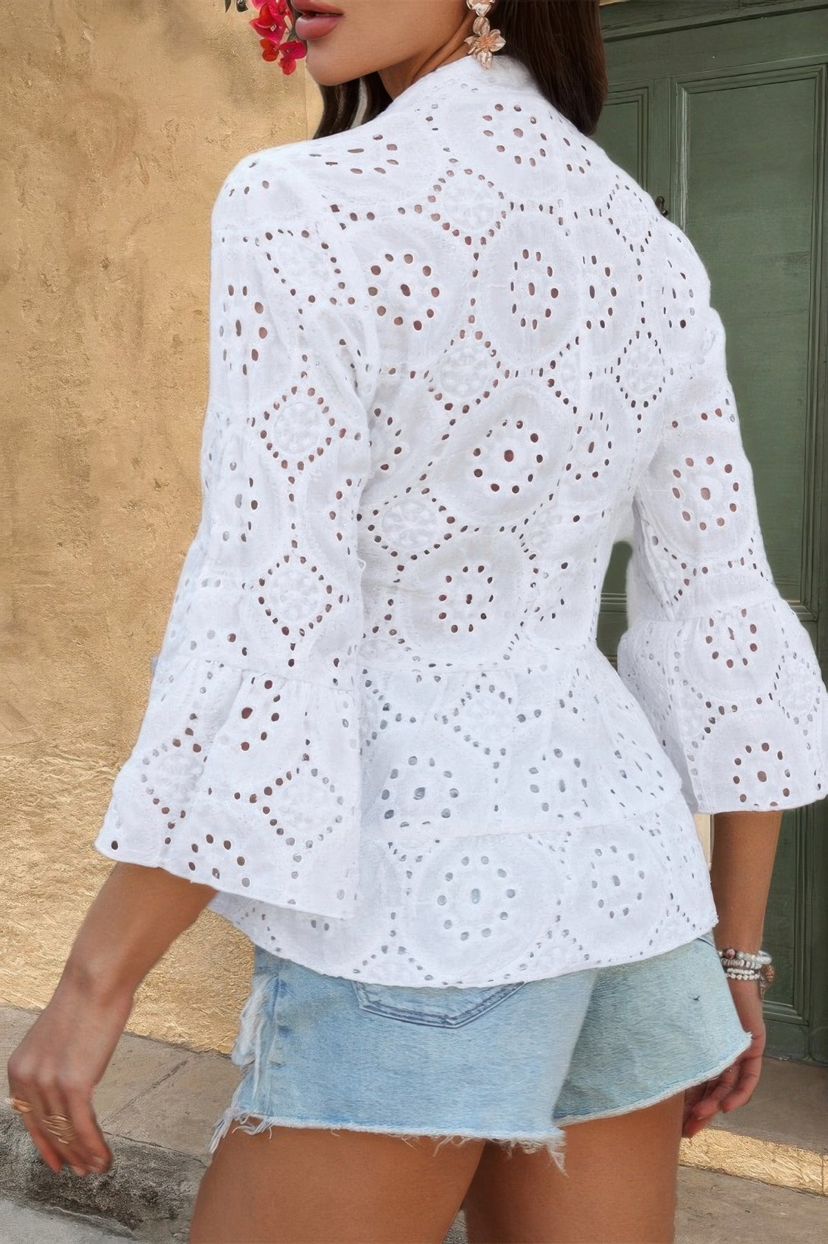 Solid Half Button Flounce Sleeve Peplum Blouse - MeeeShop Women's Fashion