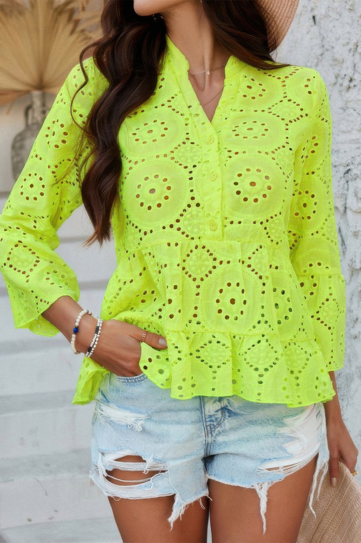 Solid Half Button Flounce Sleeve Peplum Blouse - MeeeShop Women's Fashion