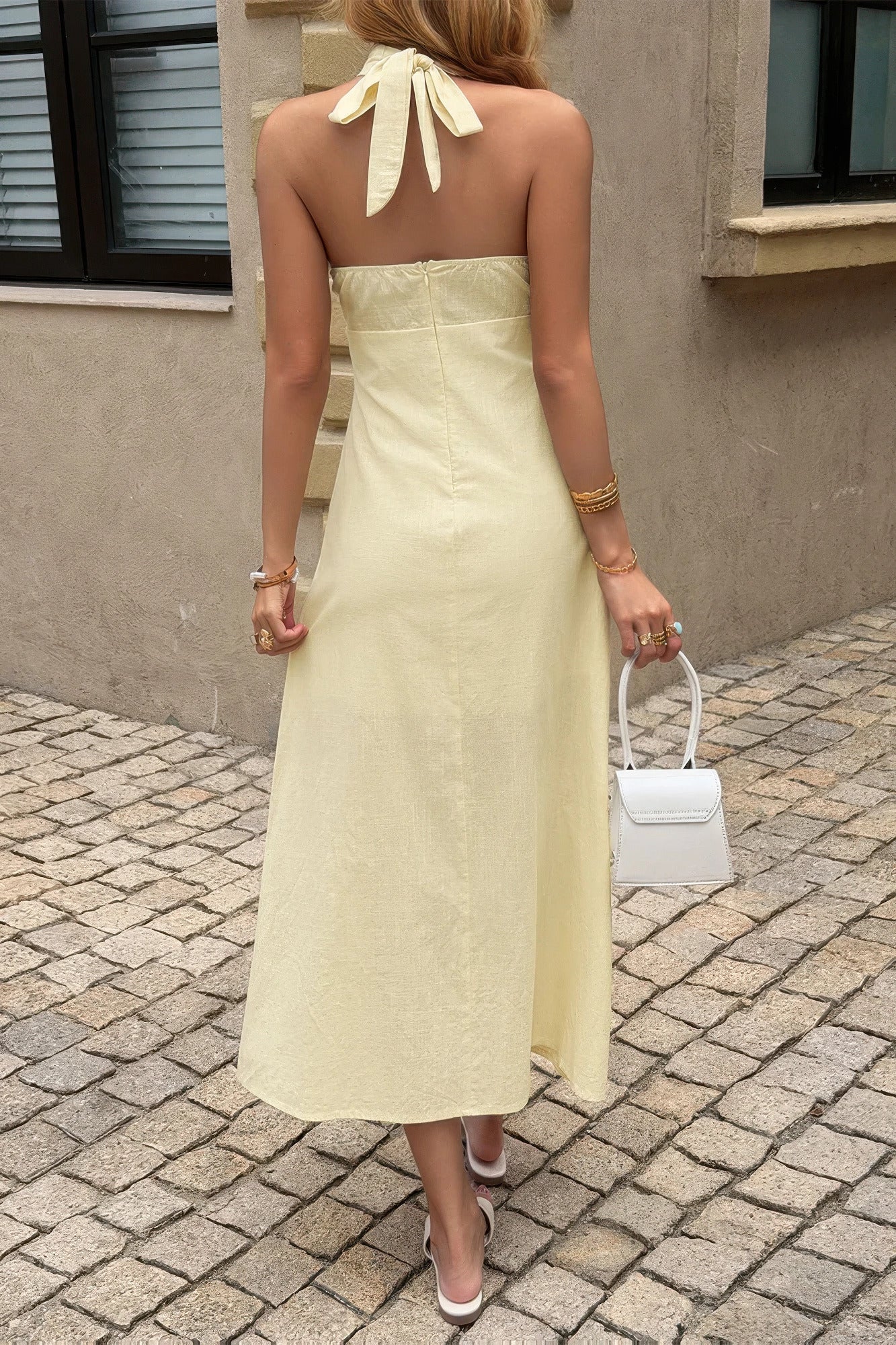 Solid Halter Cross Neck Backless Full Dress in Yellow view 4 - Solid Halter Neck Dress