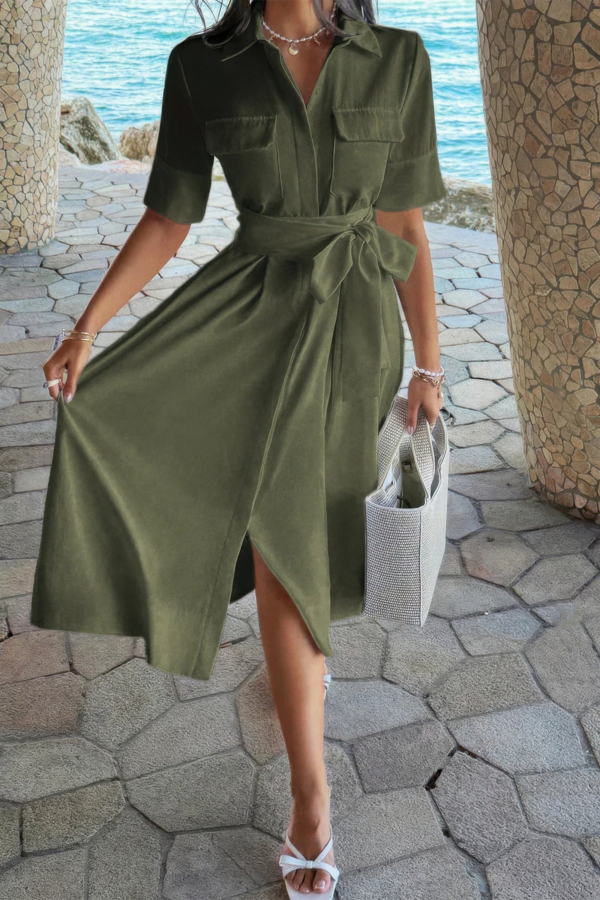 Solid Pocket Turn Down Collar a Line Dress - MeeeShop Women's Fashion