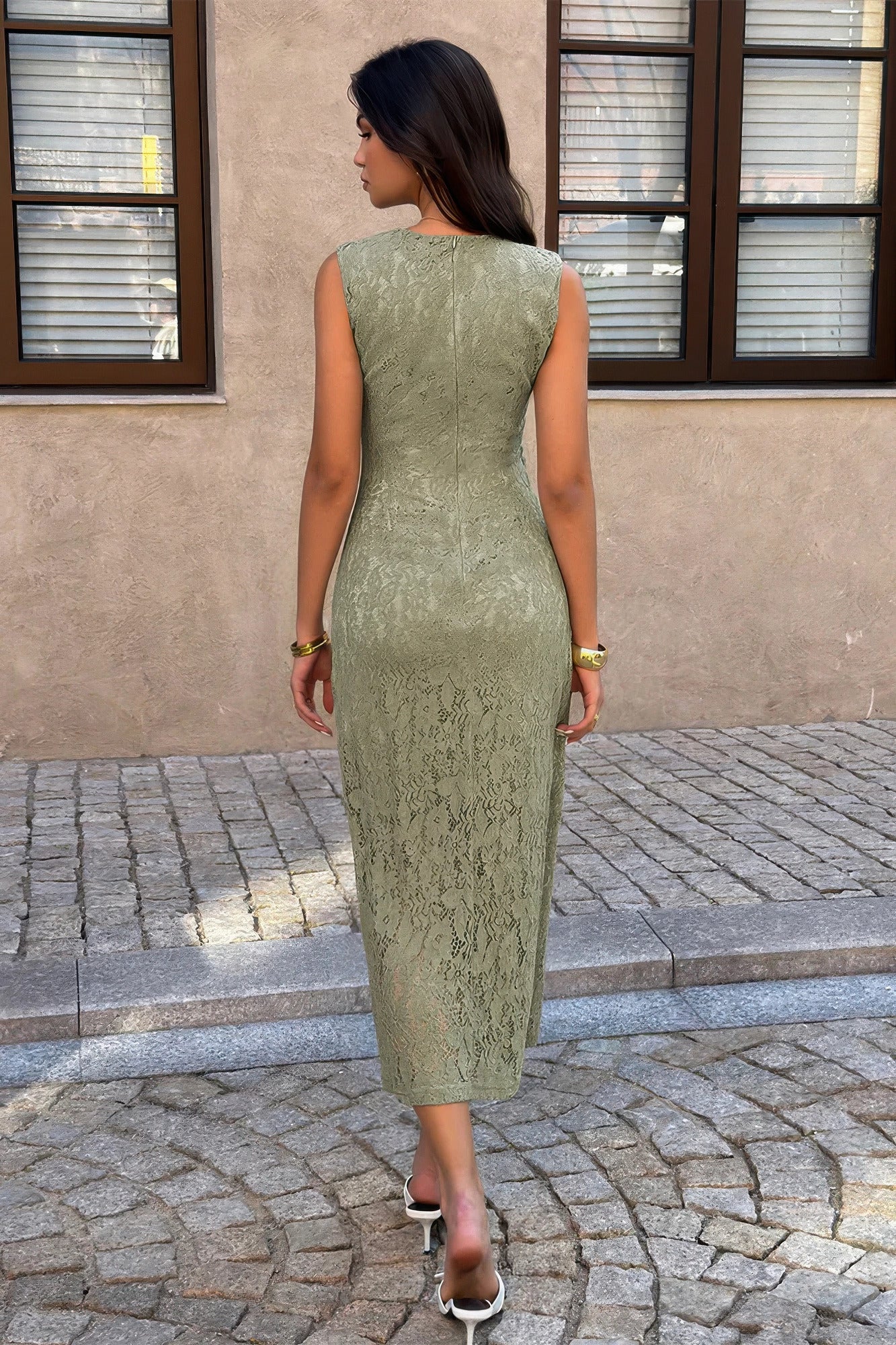 Solid Refined Cocktail Party Lace Midi Ruched Waist Dress view 14 - Solid Elegant Dress
