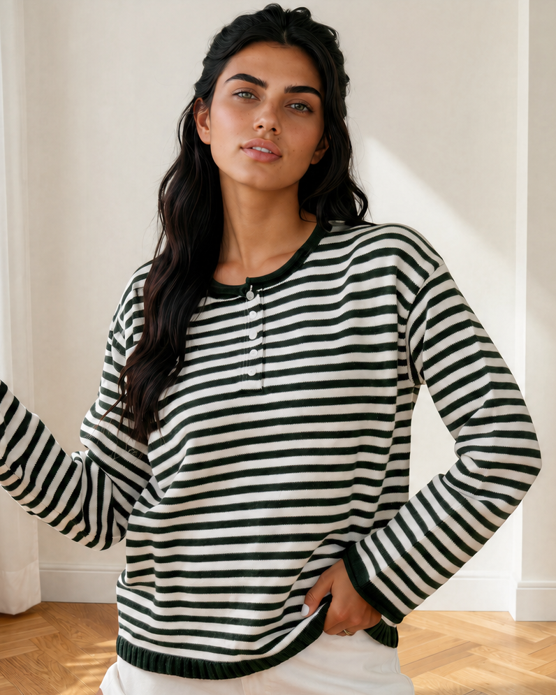 Sophia Button Placket Drop Shoulder Long Sleeve Sweater in Green Stripe view 3 - Long Sweater (top)