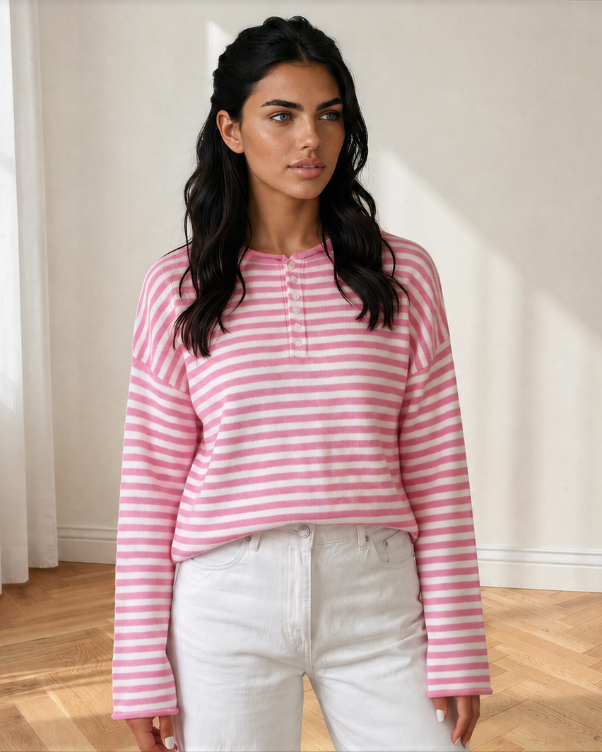 Sophia Button Placket Drop Shoulder Long Sleeve Sweater in Green Stripe view 4 - Long Sweater (top)