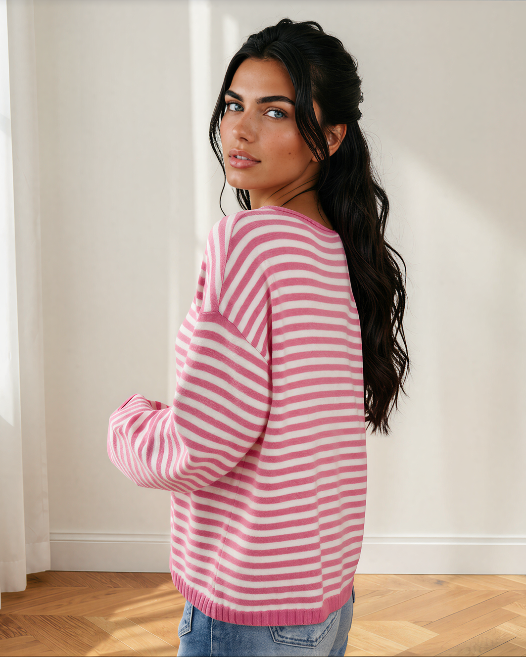 Sophia Button Placket Drop Shoulder Long Sleeve Sweater in Pink Stripe view 5 - Long Sweater (top)