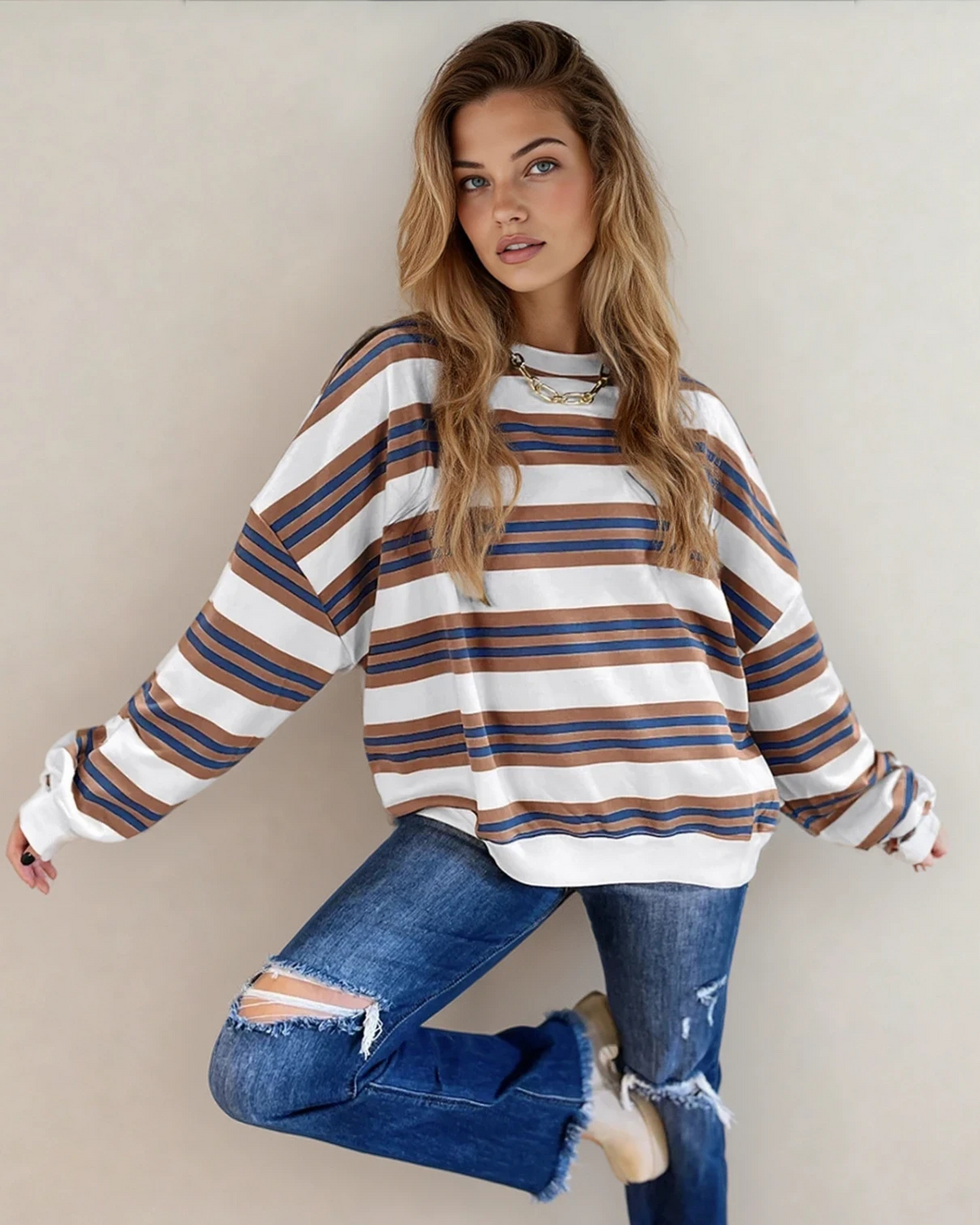 Sophie Stripe Crew Neck Drop Shoulder Pullover Sweatshirt in Blue Stripe view 3 - Sweatshirt Pullover (top)