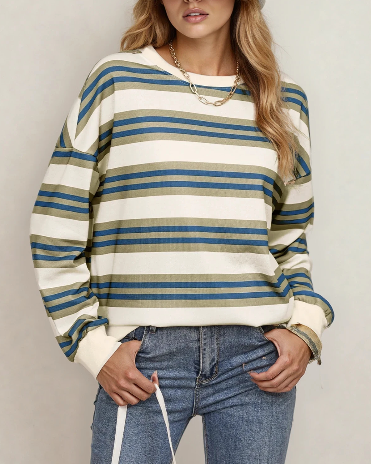 Sophie Stripe Crew Neck Drop Shoulder Pullover Sweatshirt in Blue Stripe view 4 - Sweatshirt Pullover (top)