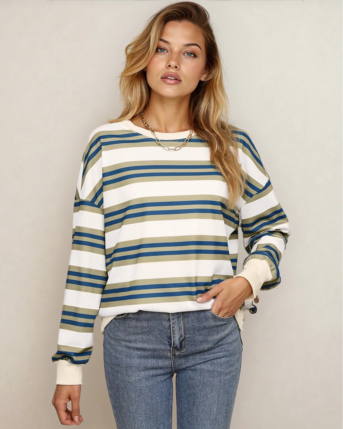 Sophie Stripe Crew Neck Drop Shoulder Pullover Sweatshirt in Brown Stripe view 6 - Sweatshirt Pullover (top)