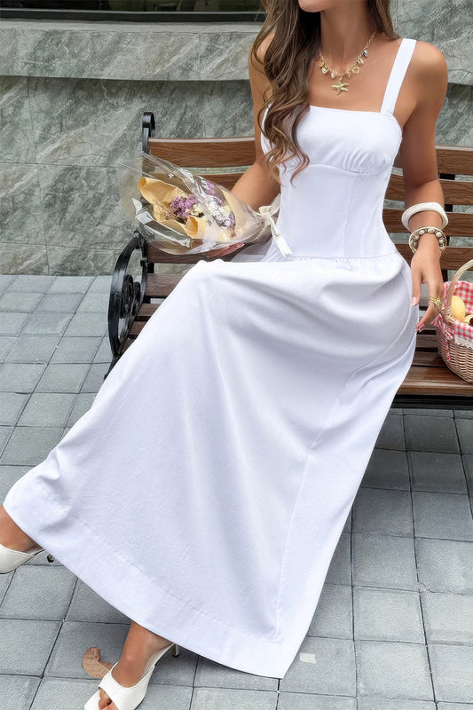 Square Neck a Line Sleeveless Flowy Long Dress in White view 2 - Square Neck Flowy Dress
