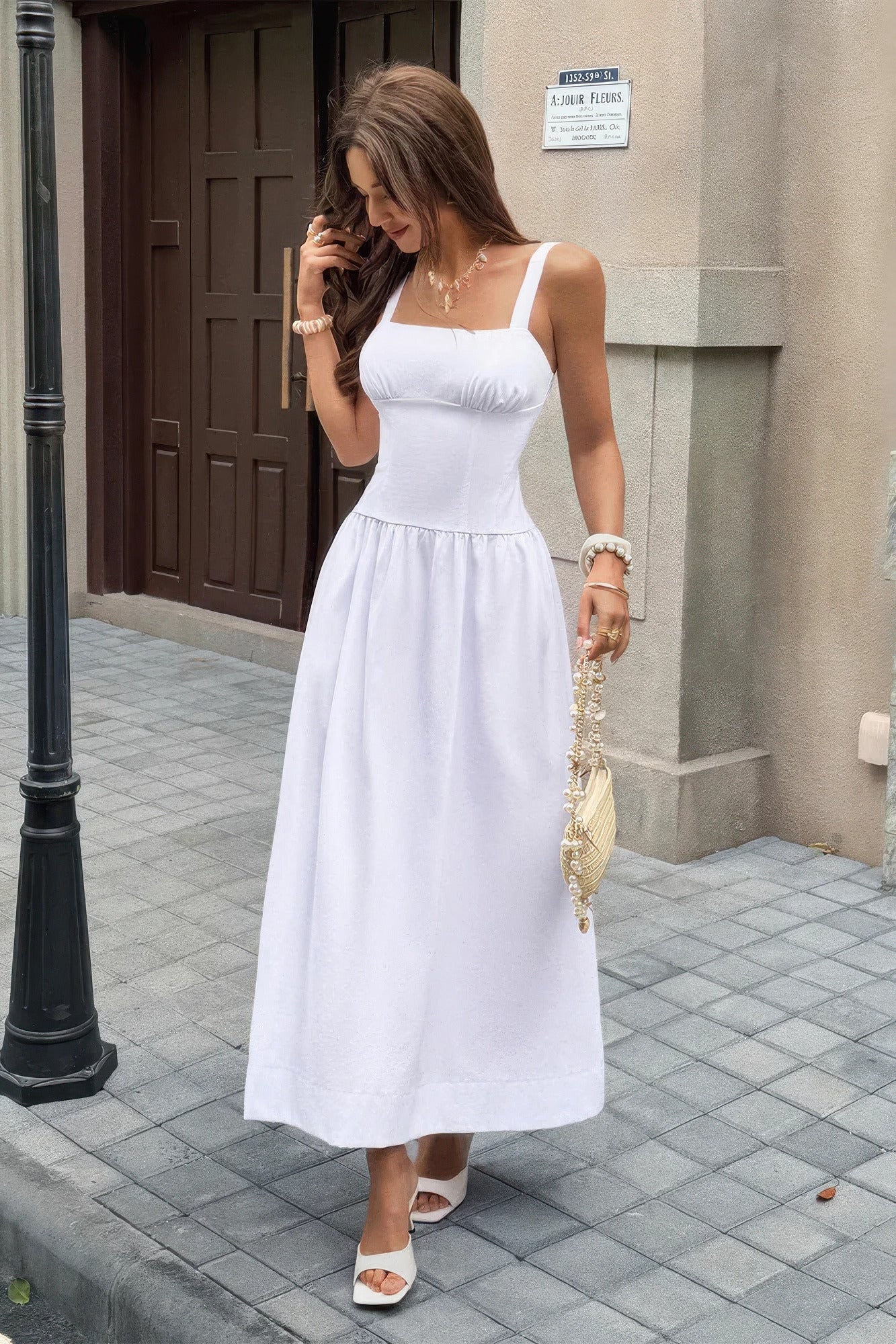 Square Neck a Line Sleeveless Flowy Long Dress in White view 4 - Square Neck Flowy Dress
