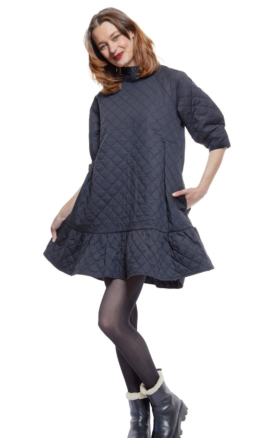 St. Tropez Softly Quilted Black Poplin Dress, Oversized Silhouette in S view 2 - Relaxed Fit - Saint Tropez Poplin Midi Dress