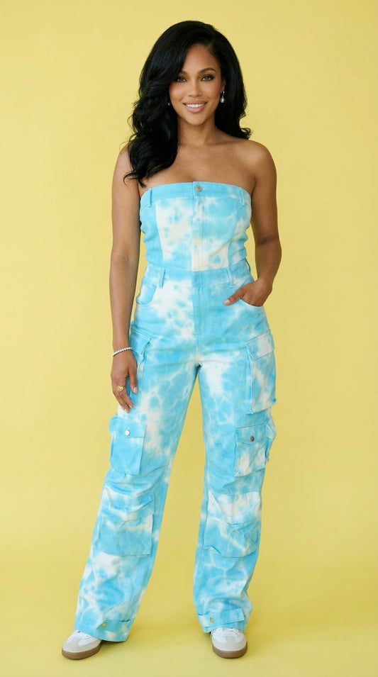 Summer Blue Tie Dye Strapless Utility Jumpsuit in TIE DYE view 2 - Summer Outfit Idea - Blue Summer Jumpsuit Women'S