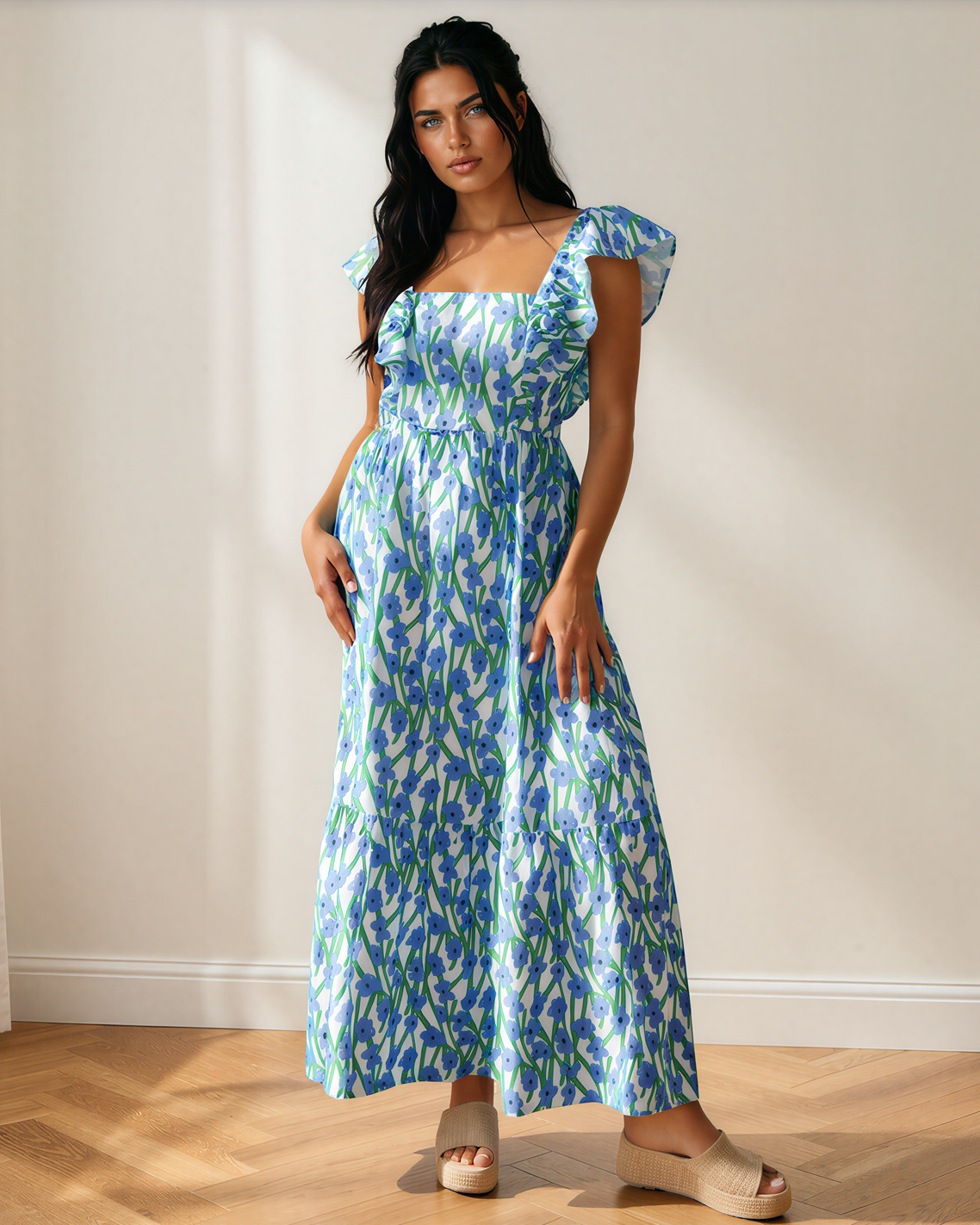 Sunny Floral Print Square Neck Ruffled Strap Maxi Dress in Blue view 10 - Sunny Flower Dress