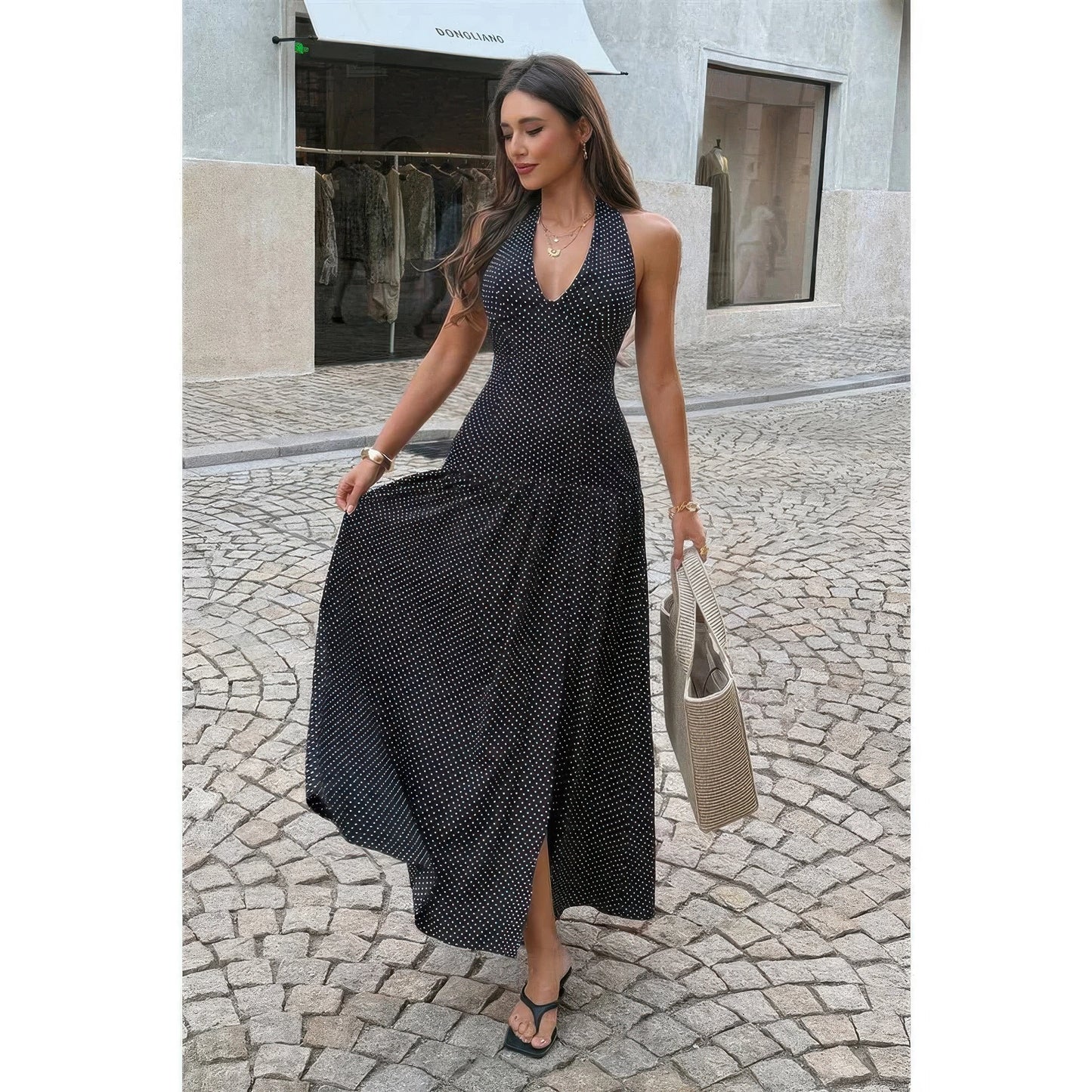 Supreme Fashion Polka Dot Vintage Halter Neck Maxi Dress in Black view 4 - Halterneck Polka Dot Dress