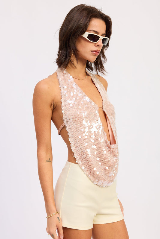 Tatiana Halter Top in Apricot view 2 - Tatiana Halter Neck Satin Gown