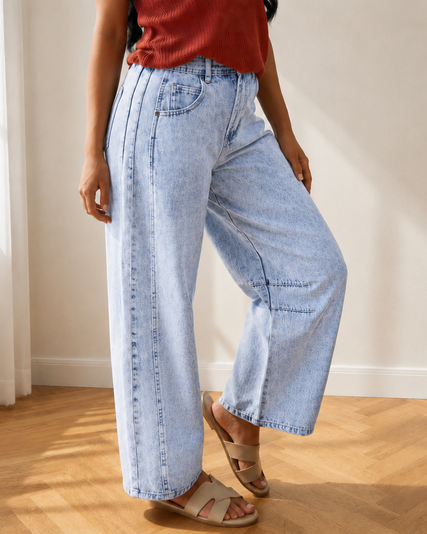 Tatum Light Washed Pull on Barrel Jeans in Beau Blue (bottom)