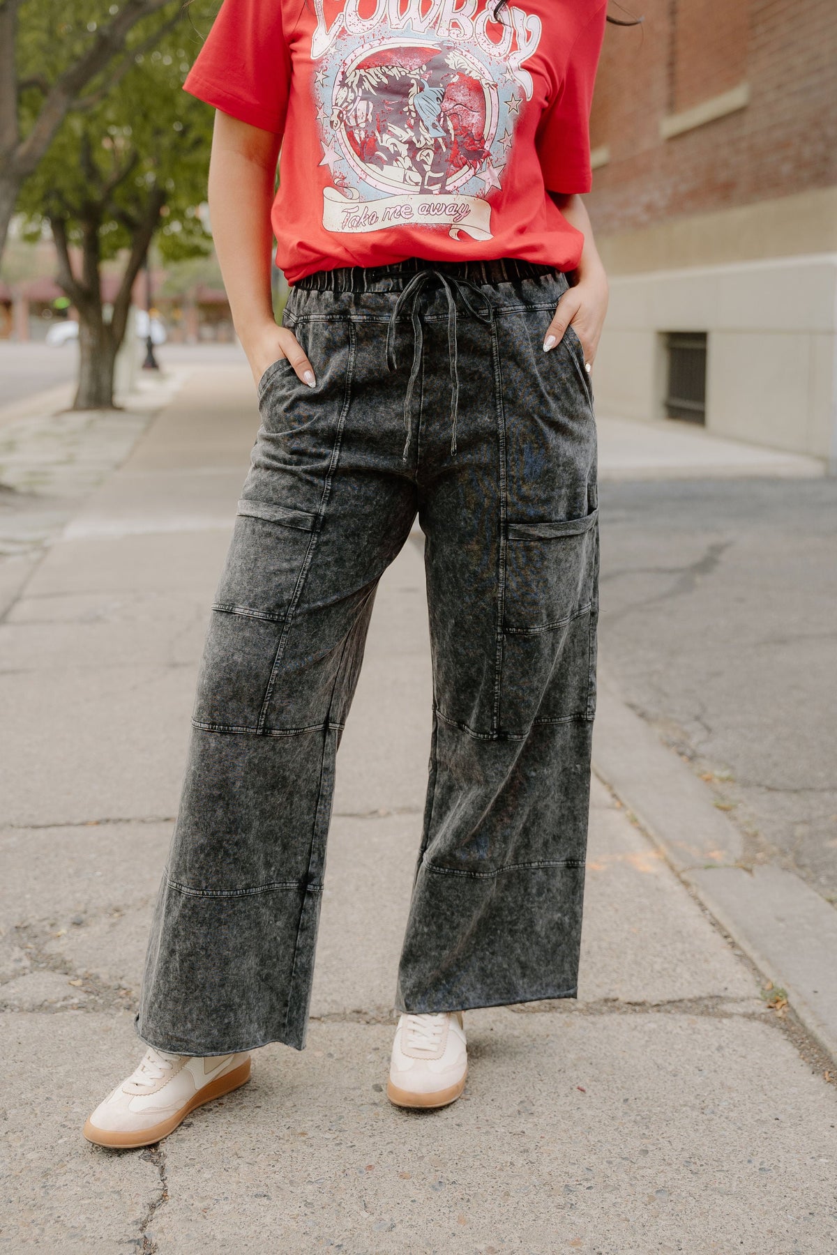 Teagan Mineral Wash Raw Hem Patched Pocket Pants in Medium Grey view 5 (bottom)