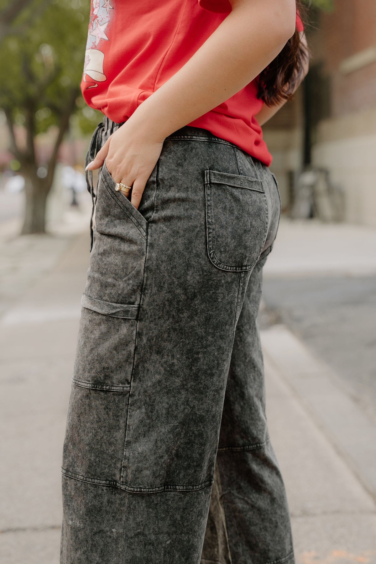 Teagan Mineral Wash Raw Hem Patched Pocket Pants in Medium Grey view 8 (bottom)