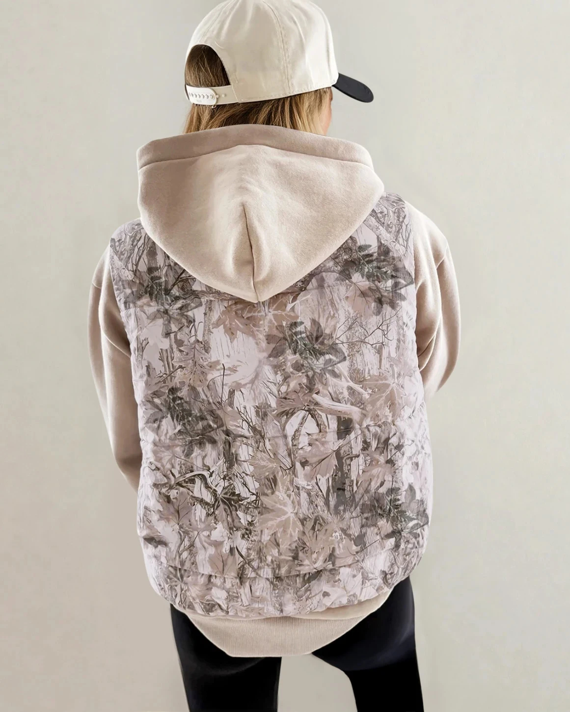 Tessa Camo Leaf Print Winter Puffer Vest in Brown view 3 - Fall Wardrobe Essential (layer)