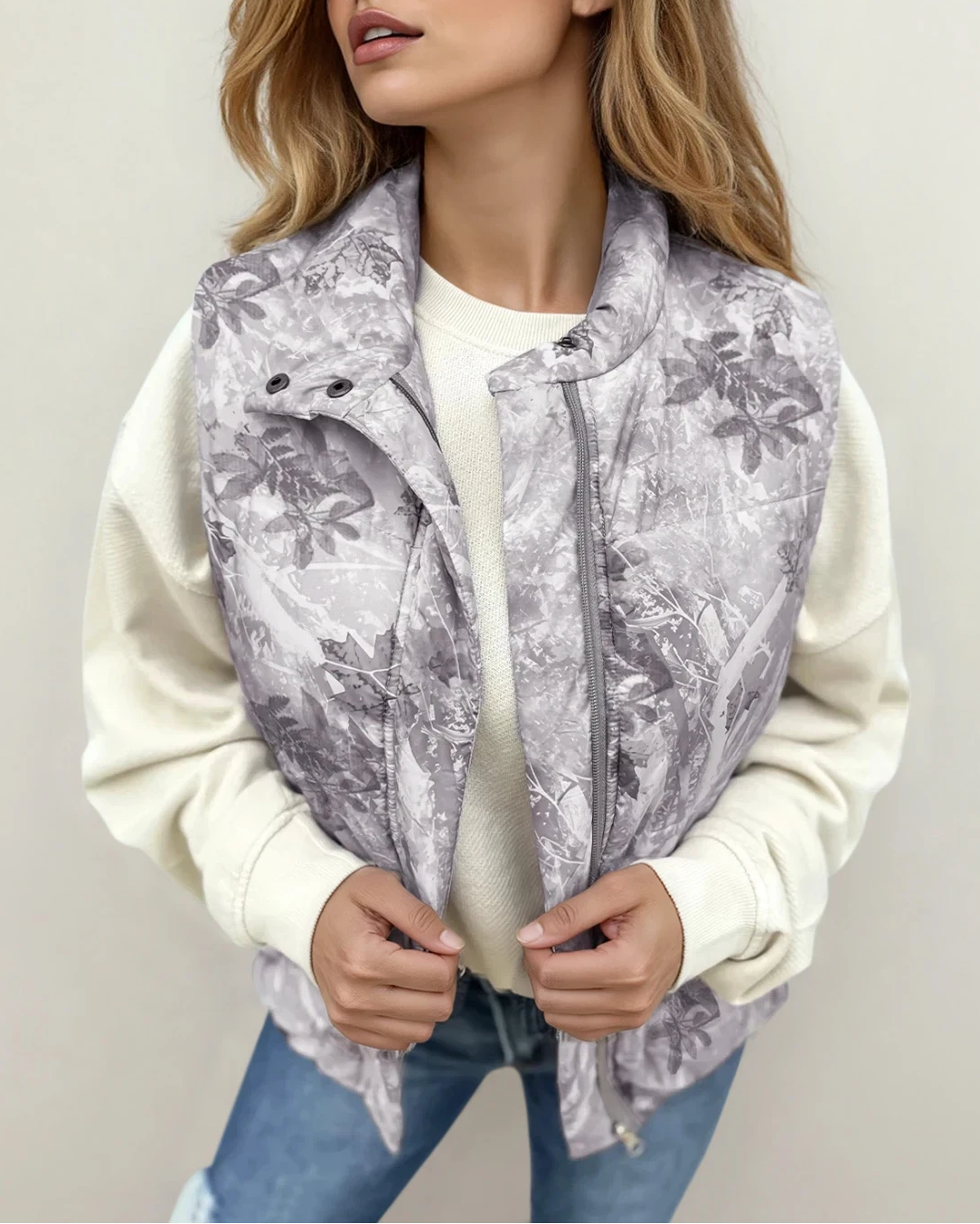 Tessa Camo Leaf Print Winter Puffer Vest in Brown view 4 - Fall Wardrobe Essential (layer)
