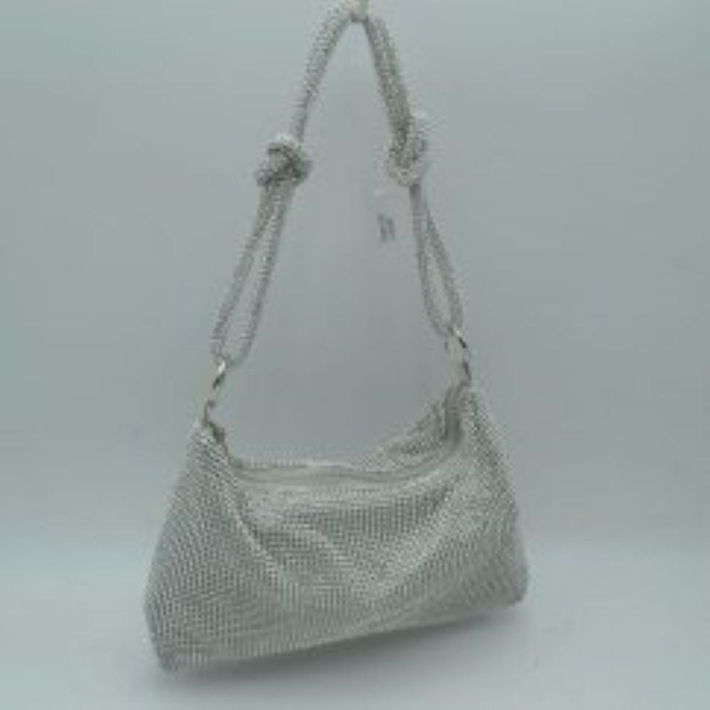 Textured Handbag with Knotted Shoulder Strap in Silver view 3 - Strap Handbag