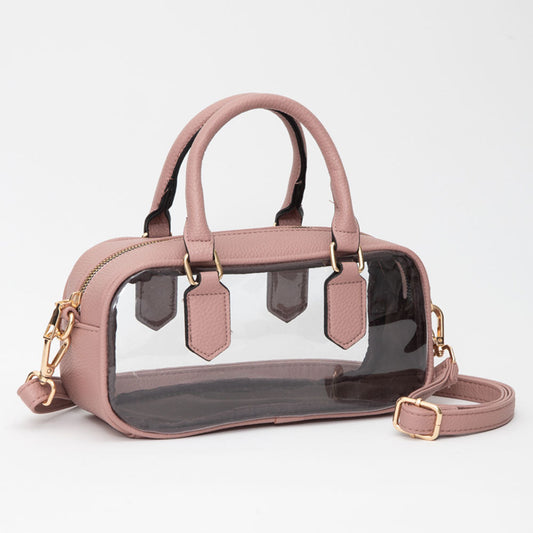 Transparent Structured Top Handle Handbag / Crossbody Bag in Clear, Pink view 2 - Bag Top