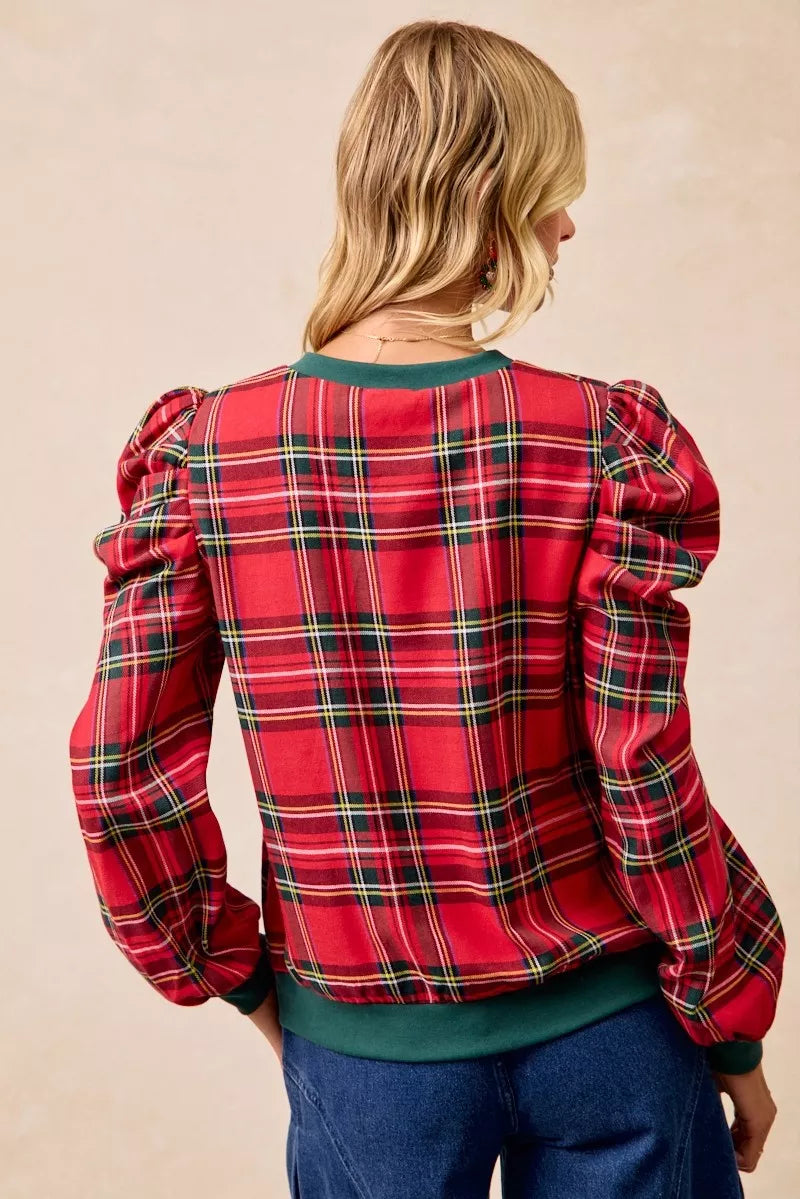 Trendsi Bibi Christmas Plaid Exaggerated Shoulder Sleeves Top view 14 - Bibi Christmas Tops