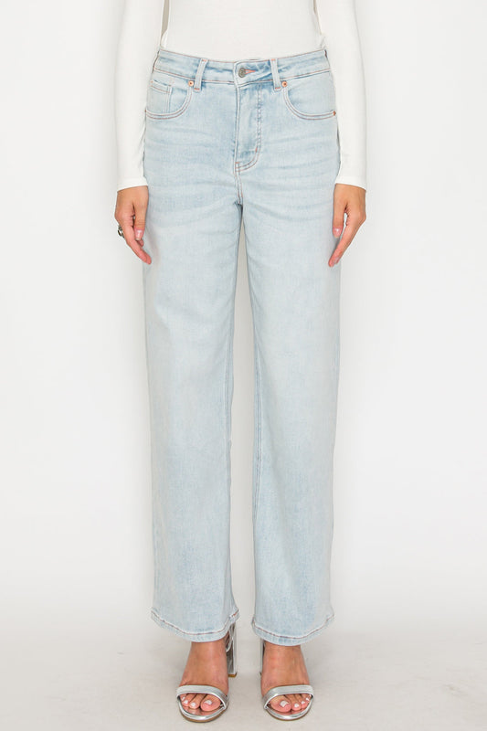 Tummy Control High Rise Modal Fabric Pink Thread Straight Jeans in Light wash view 2 - High-Waisted (bottom)