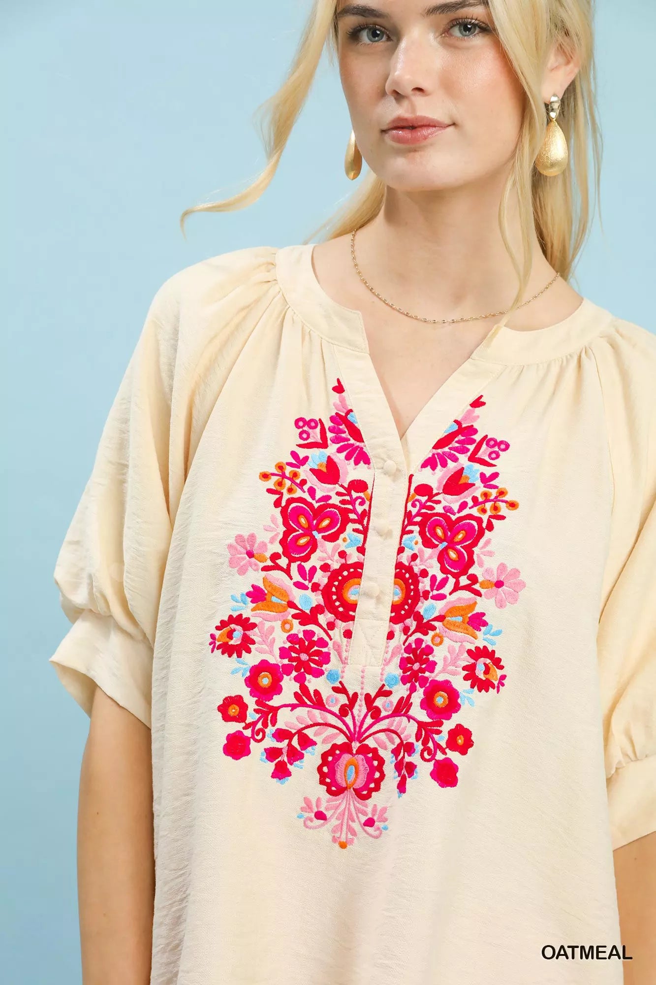 umgee embroidered puff Umgee Embroidered Puff Sleeve Blouse view 5 (top) - shop at us.meeeshop