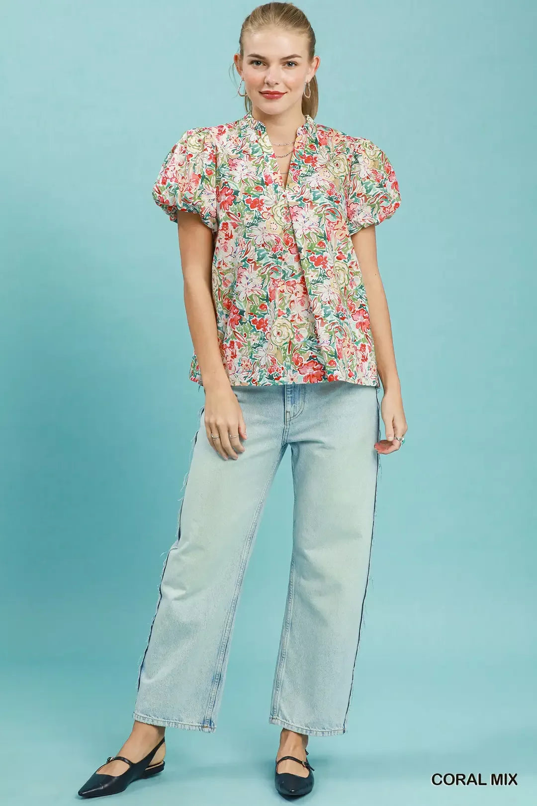 umgee floral puff Umgee Floral Puff Sleeve Blouse view 5 (top) - shop at us.meeeshop