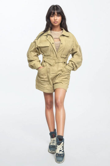 Utility Belted Khaki Romper – Cargo Pocket Detail in M view 2 - Belted Utility Romper (one-piece)