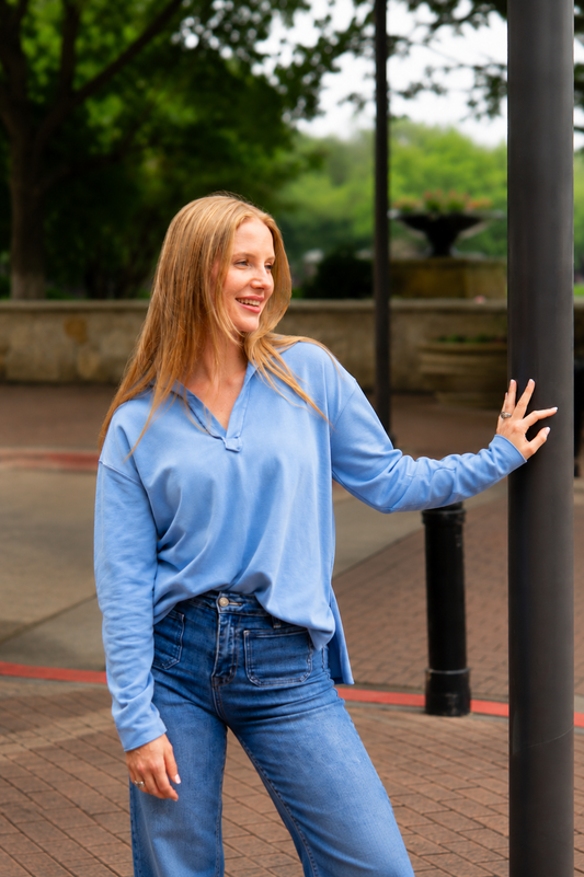 V-neck Collared Pullover, Blue in Blue view 2 - Blue Collar Pullover (top)