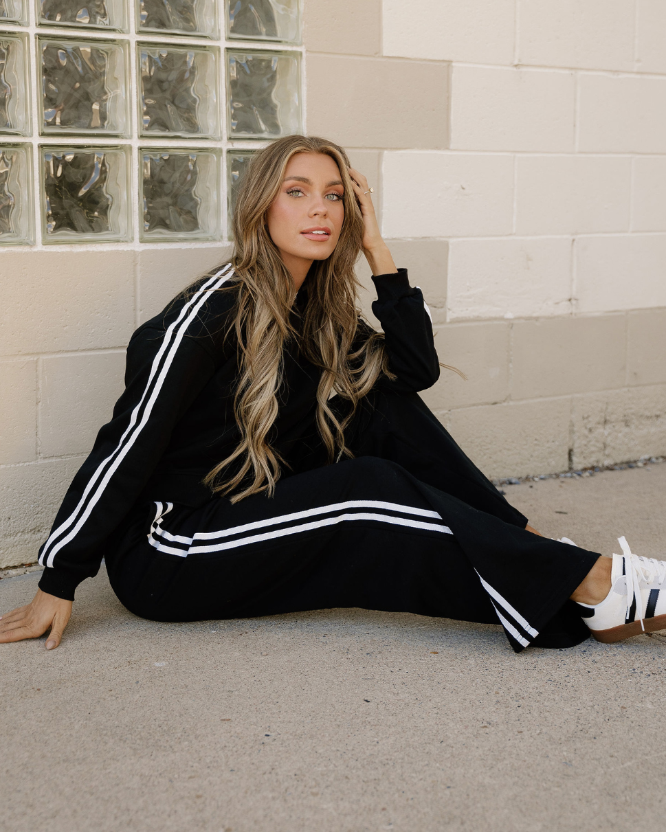 Varsity Striped Detail Crewneck Pullover Elastic Sweatpants 2pcs Outfit in Fiery Red - Comfort Stretch (top)