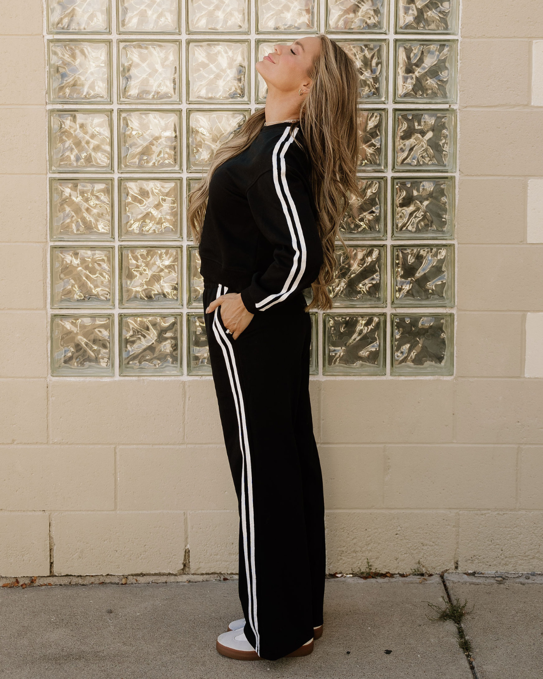 Varsity Striped Detail Crewneck Pullover Elastic Sweatpants 2pcs Outfit in Fiery Red view 3 - Comfort Stretch (top)