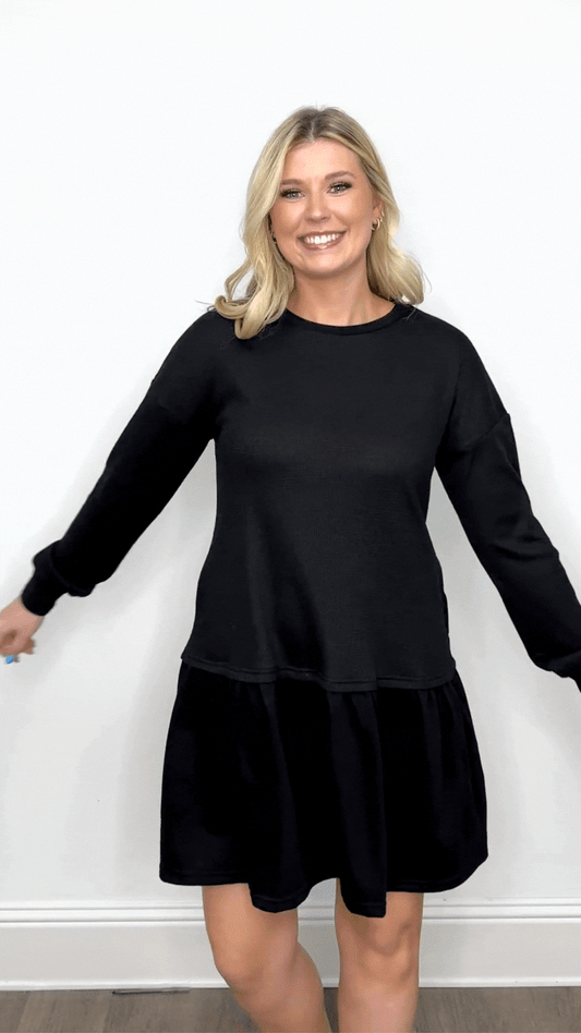 Waffle Knit Long-sleeve Dress, Black in Black view 2 - Fall Wardrobe Essential - Waffle Knit Dressing Gown