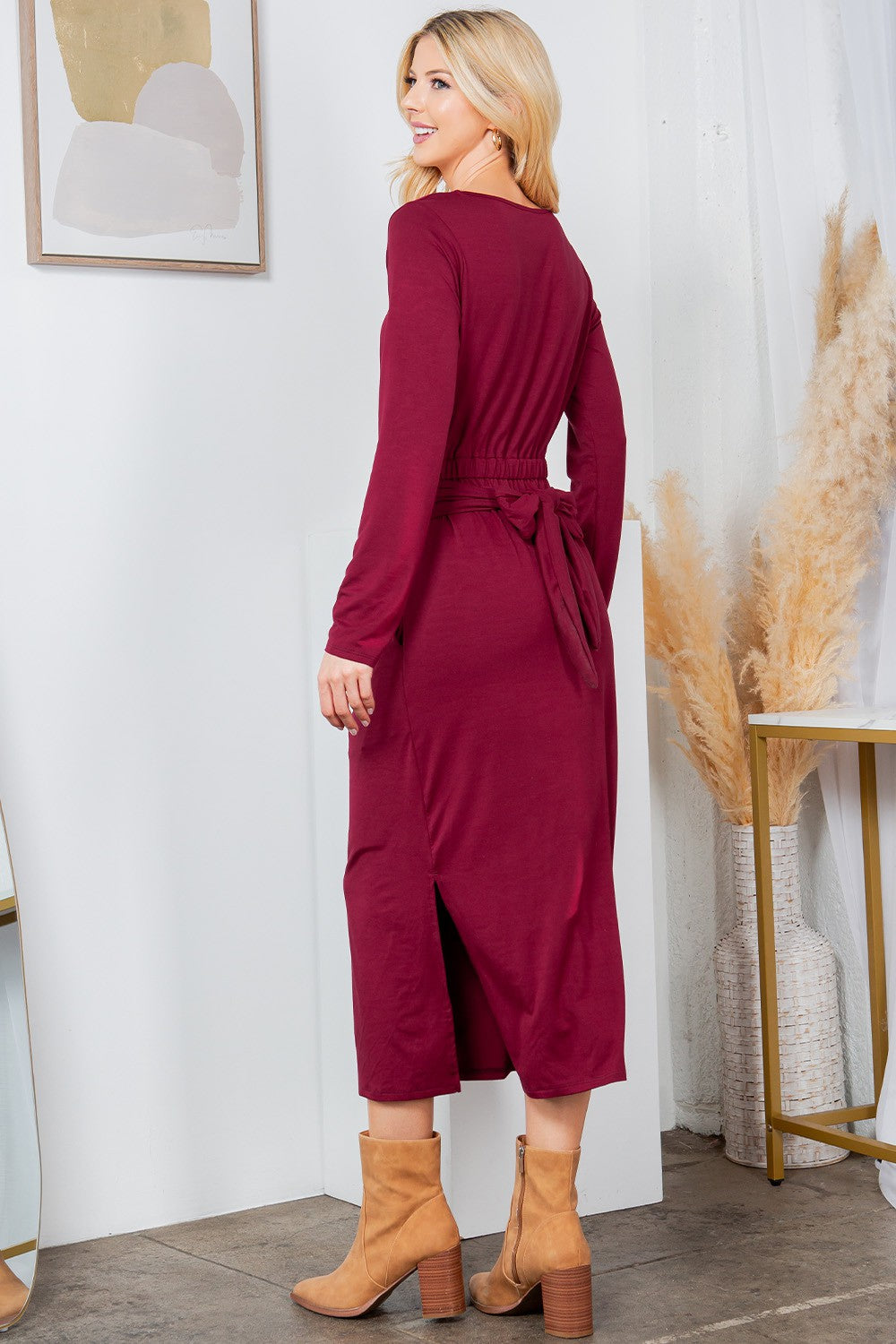 Waist Wrap Dress-with Pockets-solid - MeeeShop Women's Fashion