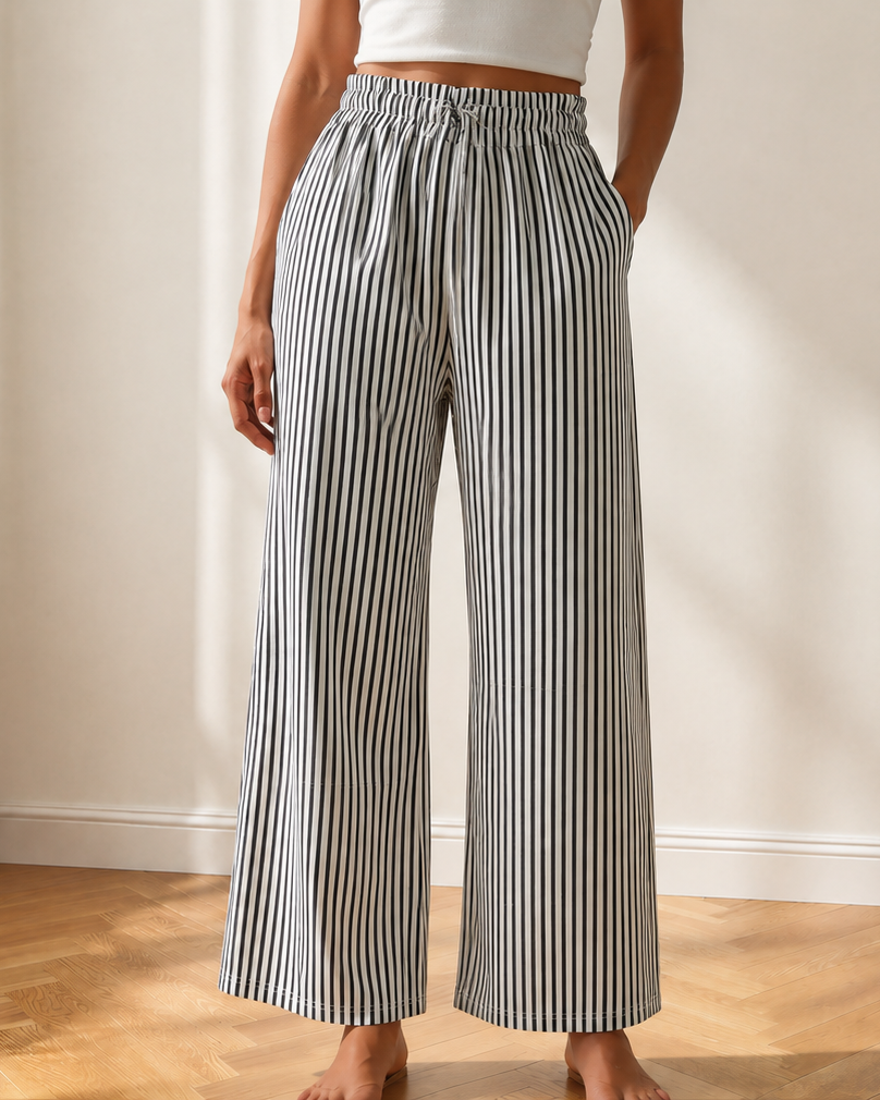 Willlow Stripe Tied High Waist Loose Straight Casual Pants in M view 2 - High-Waisted (bottom)