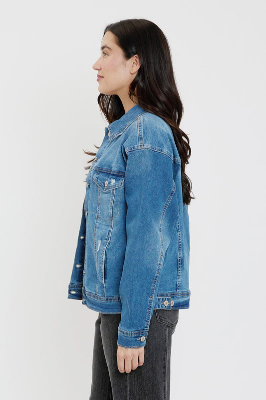 Women's Drop Shoulder Boyfriend Denim Jacket in M Medium Blue Rips view 2 - Women'S Drop Jacket (bottom)