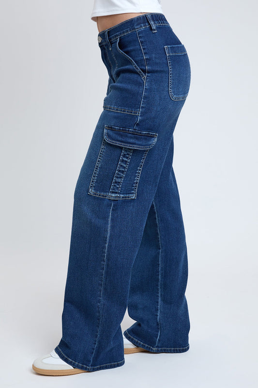 Women's Elastic Waist Straight Cargo Jean in S Midnight Sky Blue view 2 - Comfort Stretch - Womens Elastic Jeans
