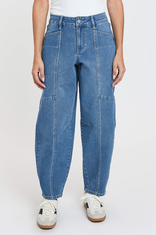 Women's High Rise Seamed Barrel Jeans in M Medium Blue view 2 - High-Waisted - Women High Jeans (bottom)
