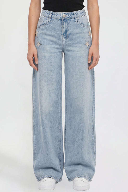 Women's Joey Super Wide Leg Jeans with Star Patches in L Light Blue view 2 - Women'S Joey Jeans (bottom)