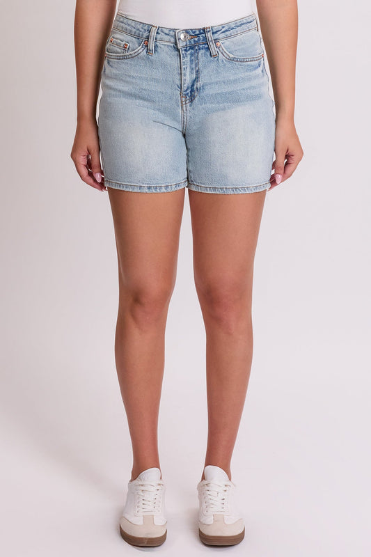 Women's Luxe High Rise Long Denim Shorts in Q Celeste Blue view 2 - High-Waisted - Women'S Luxe Shorts (bottom)